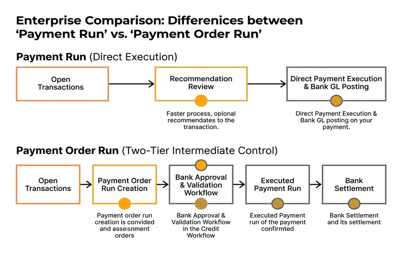 Comparison diagram showing SAP Business One Payment Run direct execution versus Payment Order Run two-tier intermediate validation and bank approval workflow.