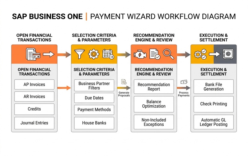 Architectural diagram showing SAP Business One Payment Wizard workflow from open AP/AR transactions, selection criteria filters, recommendation engine, to execution and bank settlement.