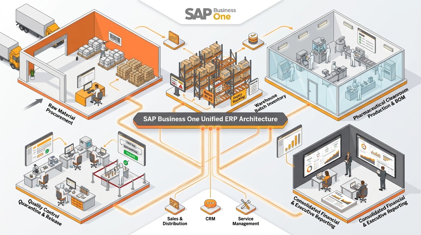 3D architectural workflow showing SAP Business One integrating batch inventory, production orders, quality checkpoints, regulatory compliance, and consolidated reporting.