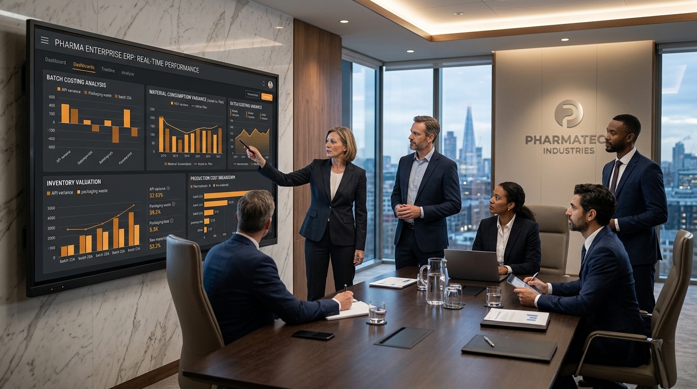 Pharmaceutical management team reviewing real-time ERP variance reports, batch costing, material consumption variance, and production cost breakdowns.