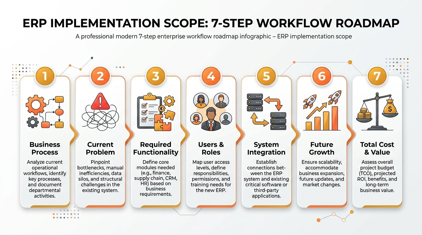 Seven-step workflow roadmap infographic outlining the practical process to choose SAP Business One modules without overpaying.