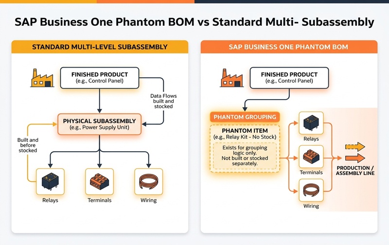 SAP Business One Phantom BOM vs Standard Multi-Level Subassembly Hierarchy Diagram
