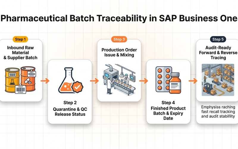 Pharmaceutical Batch Traceability in SAP Business One: Inbound Raw Material, Production Consumption, Finished Product Genealogy, and Audit Recall