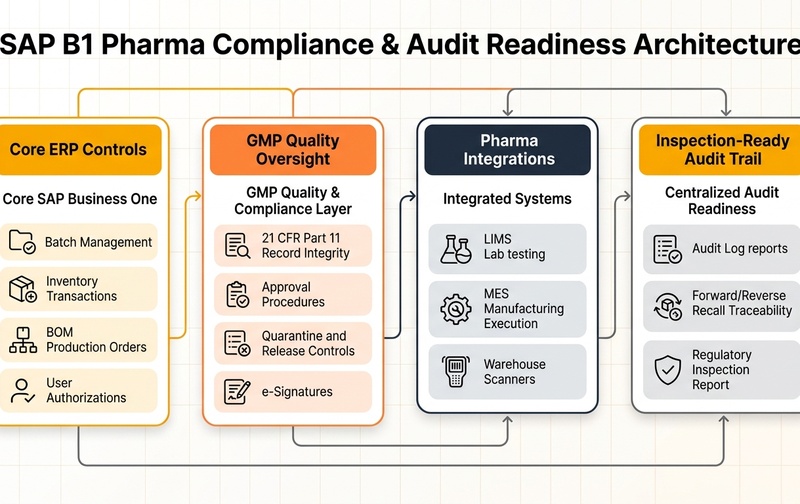 SAP B1 Pharma Compliance and Audit Readiness Architecture Diagram