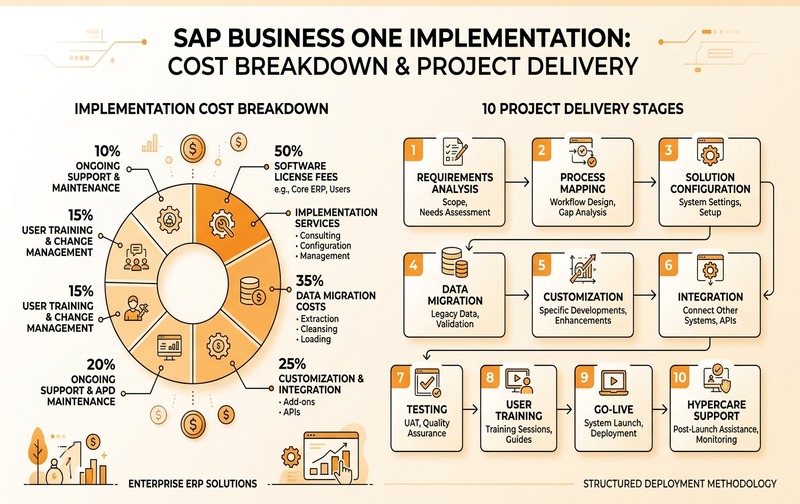 Infographic showing SAP Business One implementation project stages and cost components from discovery to stabilization.