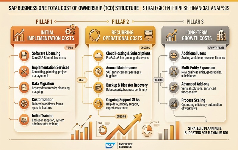 Diagram illustrating the complete 3-year total cost of ownership framework for SAP Business One ERP.