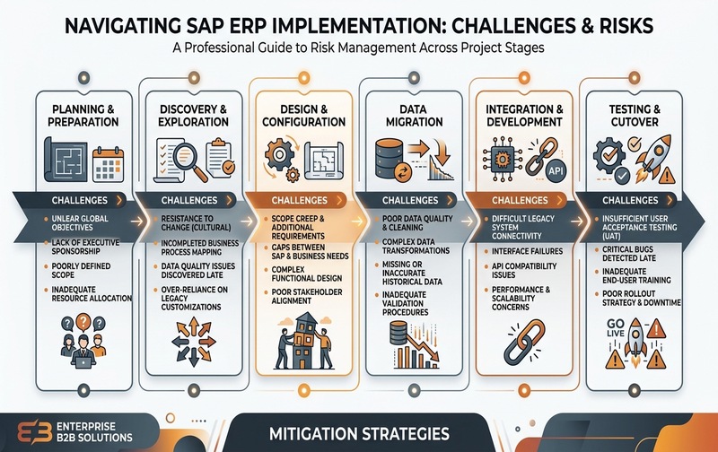 Enterprise infographic showing SAP implementation challenges and risks across project stages including planning, discovery, design, data migration, integration, testing, and cutover.