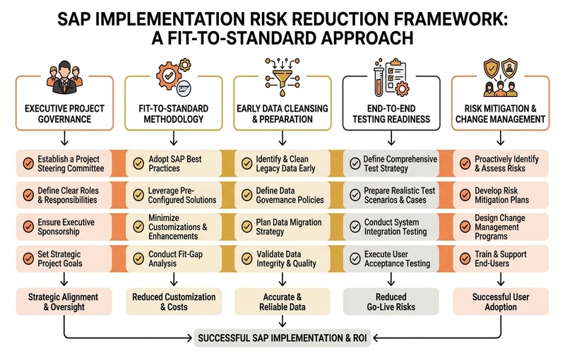 Professional framework diagram showing proactive SAP implementation risk mitigation through executive governance, fit-to-standard alignment, and structured data validation.