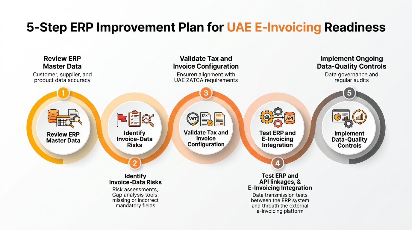 Workflow diagram displaying the 5-step ERP improvement plan for UAE e-invoicing readiness: Review ERP Master Data, Identify Invoice-Data Risks, Validate Tax and Invoice Configuration, Test ERP Integration, and Implement Ongoing Controls.