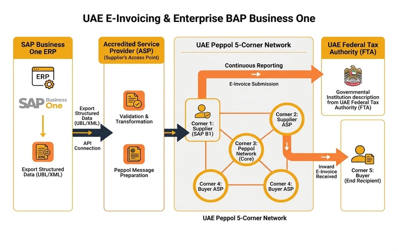 Architectural diagram showing UAE E-Invoicing Peppol ASP workflow from SAP Business One ERP export to ASP validation, Peppol 5-corner exchange network, and continuous reporting to the UAE Federal Tax Authority (FTA).