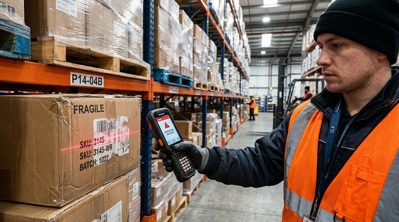 Warehouse employee scanning a damaged and scratched barcode label on a storage box using a mobile barcode scanner in an SAP Business One warehouse.