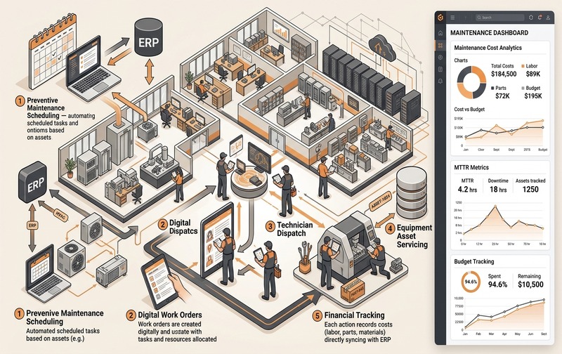 Facility maintenance planning and work order integration diagram with SAP Business One connecting service requests, technician schedules, and financial cost accounting.
