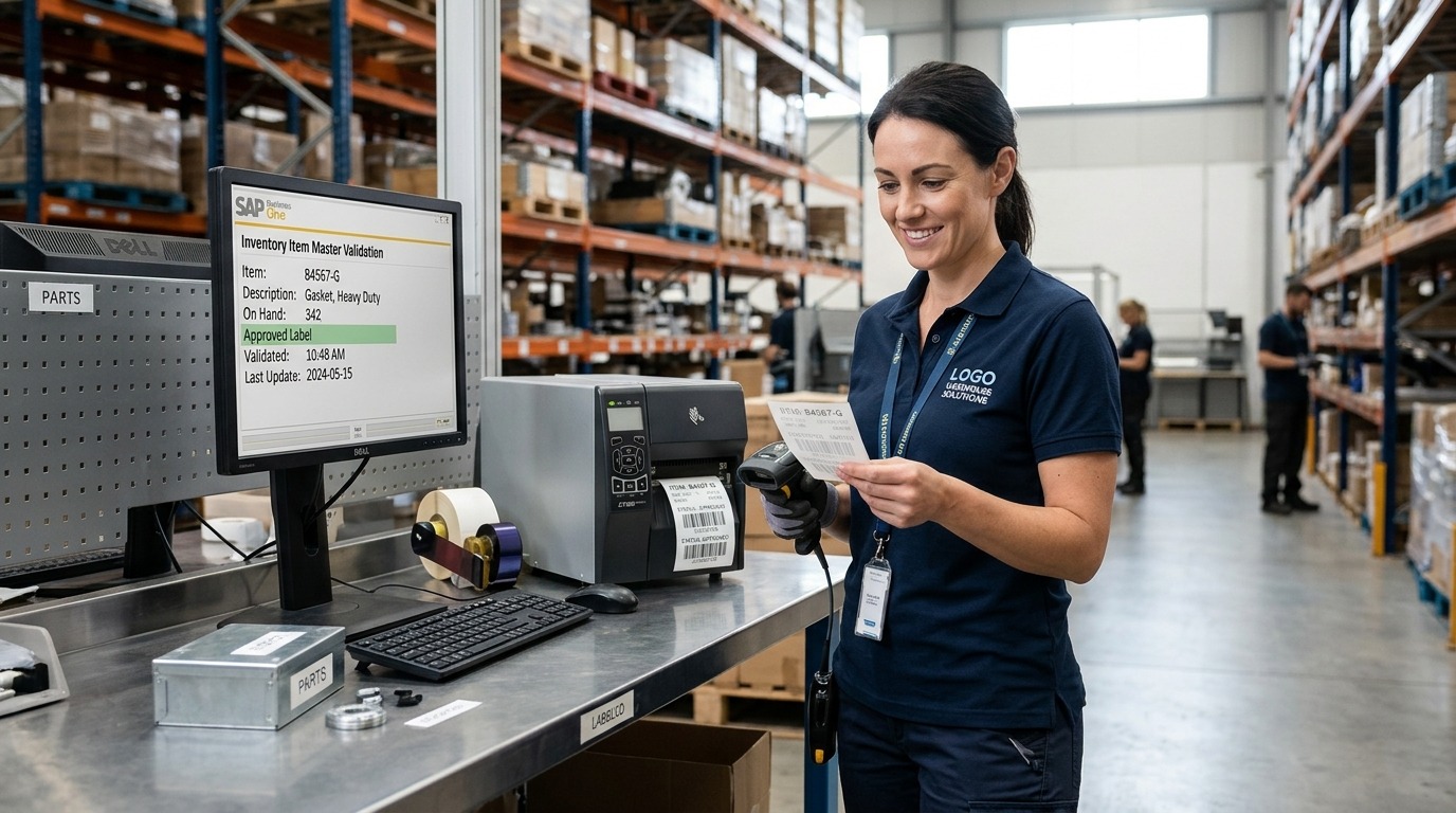 Warehouse specialist verifying item master data and printing an approved replacement barcode label at an SAP Business One inventory station.