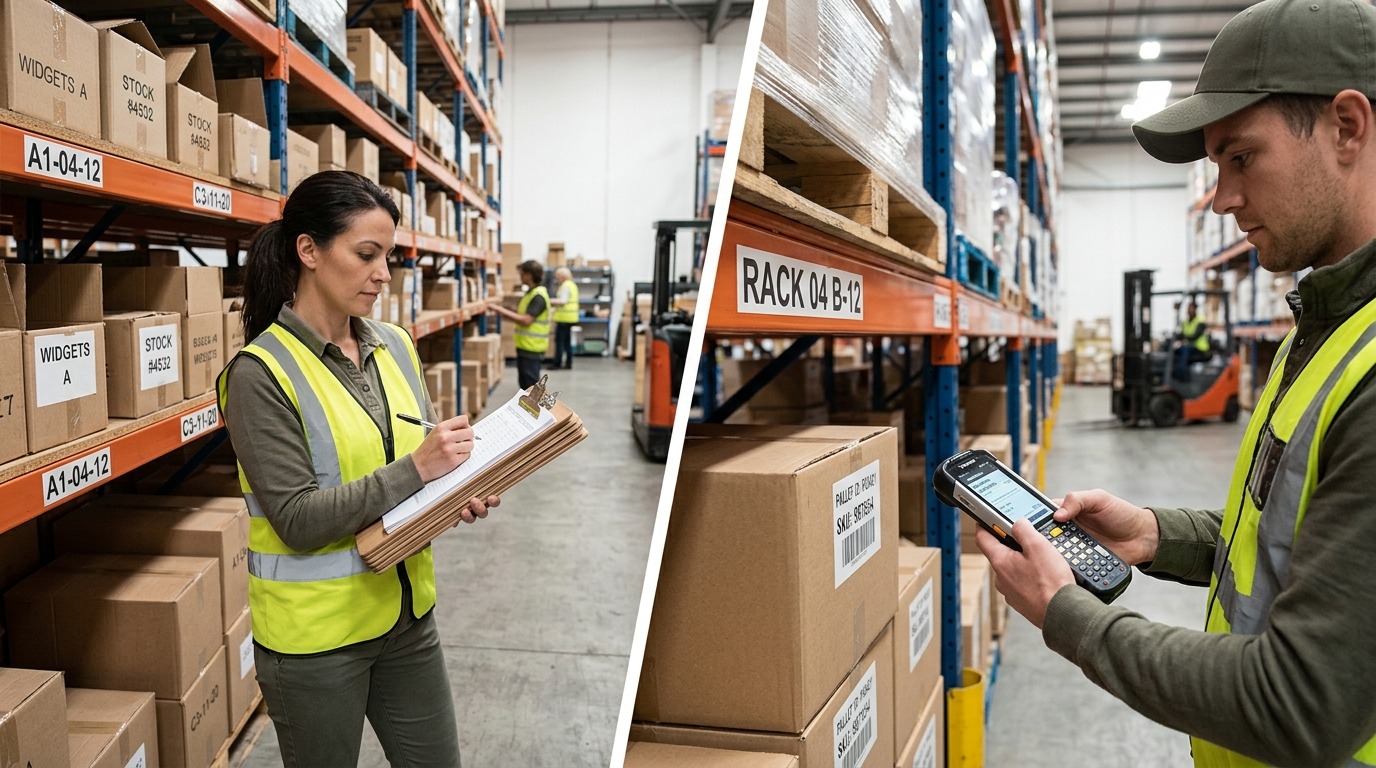 Side-by-side comparison of manual inventory paperwork using clipboard versus barcode-enabled warehouse operations using handheld scanner in SAP Business One.