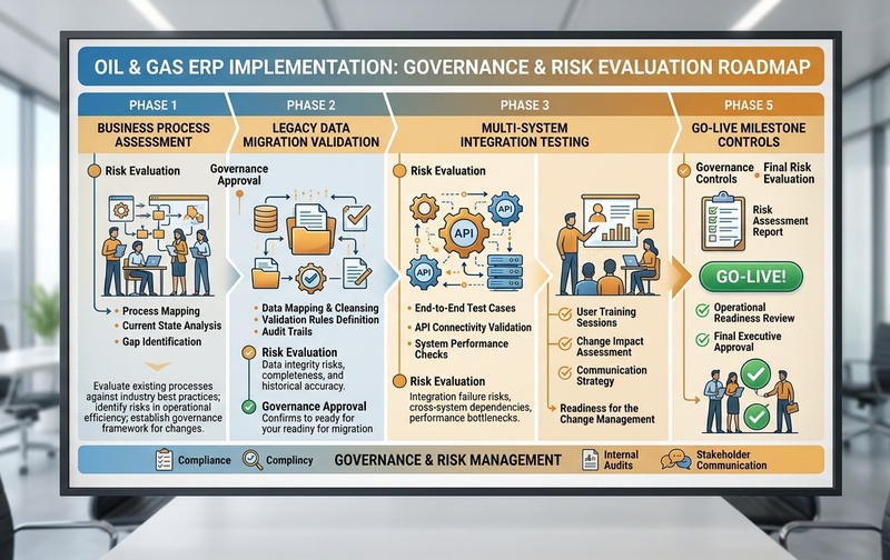 Structured ERP implementation and governance roadmap for oil and gas companies, detailing process assessment, data migration validation, integration testing, and milestone controls.