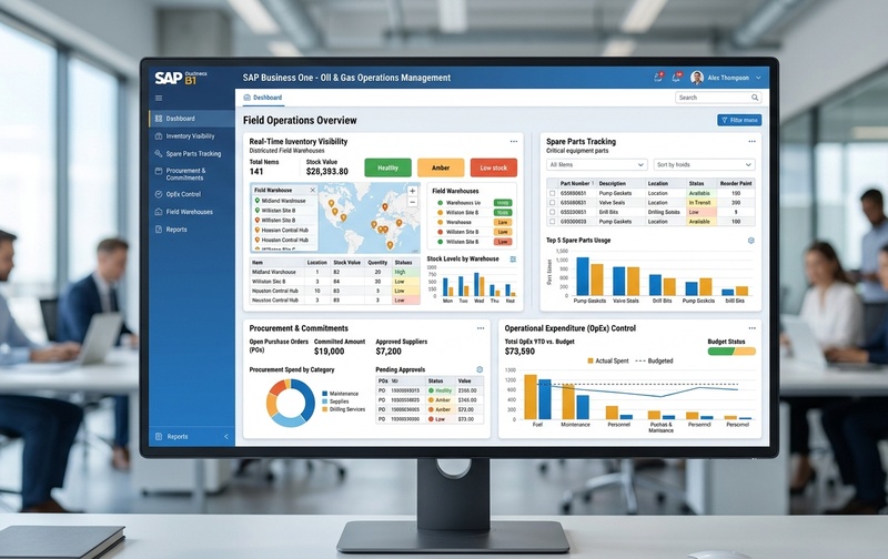 SAP Business One operational management dashboard for oil and gas enterprises, tracking multi-warehouse inventory, spare parts availability, procurement commitments, and operational costs.
