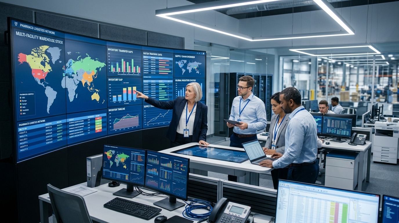 Pharmaceutical operations executives and supply chain managers in a high-tech modern pharmaceutical control center reviewing multi-facility warehouse stock, inventory transfer gaps, and batch tracking.