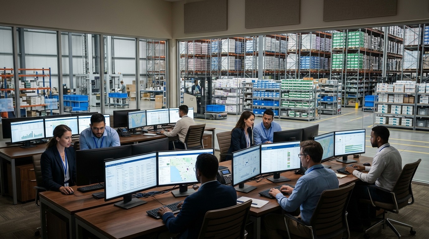 Pharmaceutical supply chain team analyzing complex multi-channel order flows across hospitals, distributor portals, and e-commerce in SAP Business One ERP.