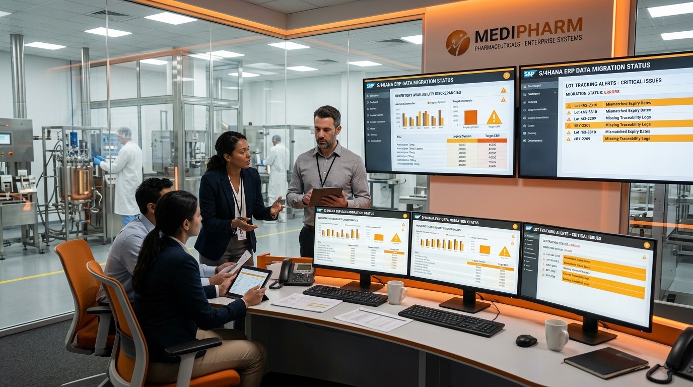 Pharmaceutical warehouse and supply chain team analyzing ERP data migration errors, inventory discrepancies, and batch operational disruptions in SAP Business One.