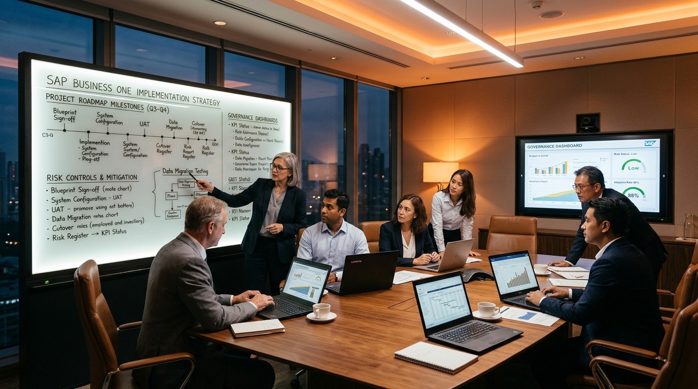 Structured ERP project methodology showing discovery, system design, data migration rehearsal, and user acceptance testing in SAP Business One.