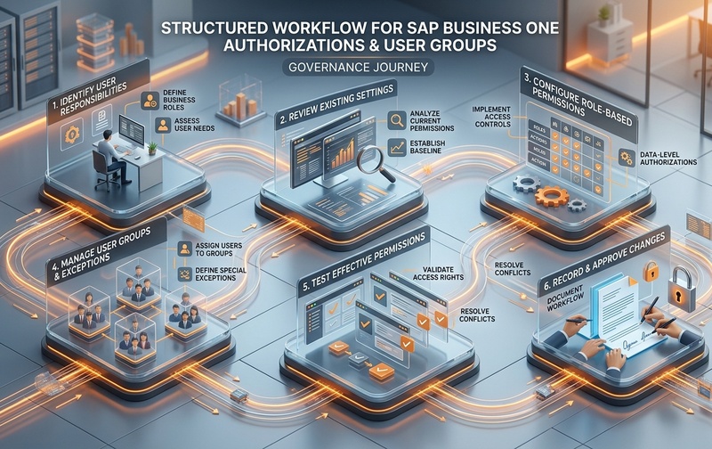 Structured 6-step workflow for configuring and managing SAP Business One user authorizations, user groups, and periodic access reviews.
