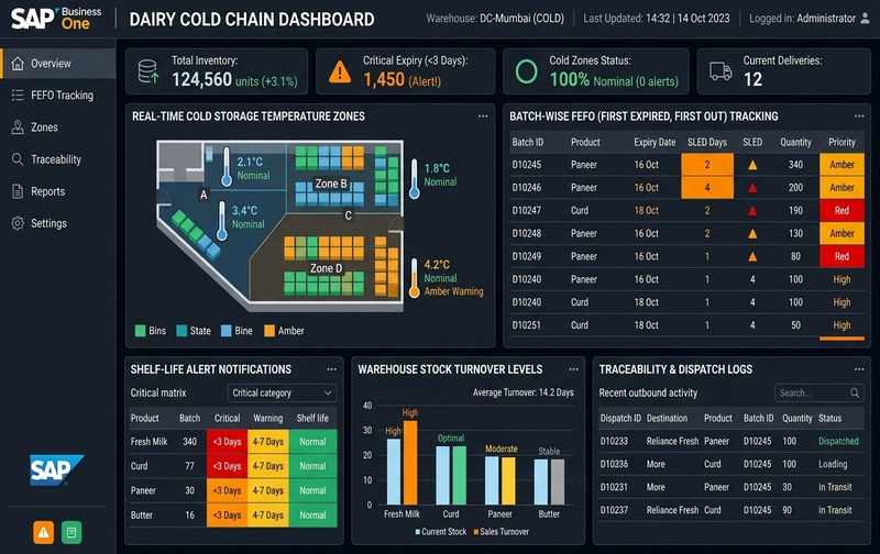Dairy cold chain inventory dashboard in SAP Business One displaying batch-wise FEFO tracking, cold storage temperature zones, and shelf-life alert notifications.