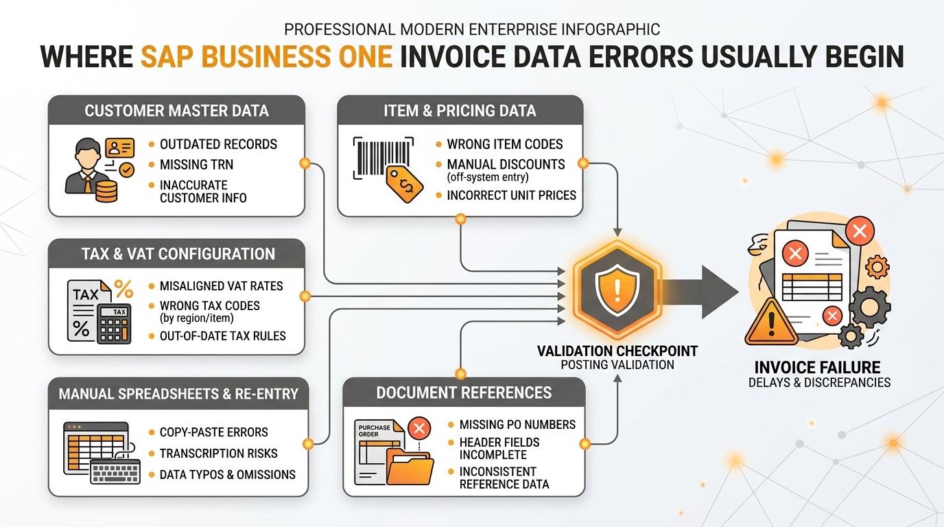 Where SAP Business One Invoice Data Errors Usually Begin: Customer master records, pricing, VAT config, manual spreadsheets, and document references leading to validation failures.