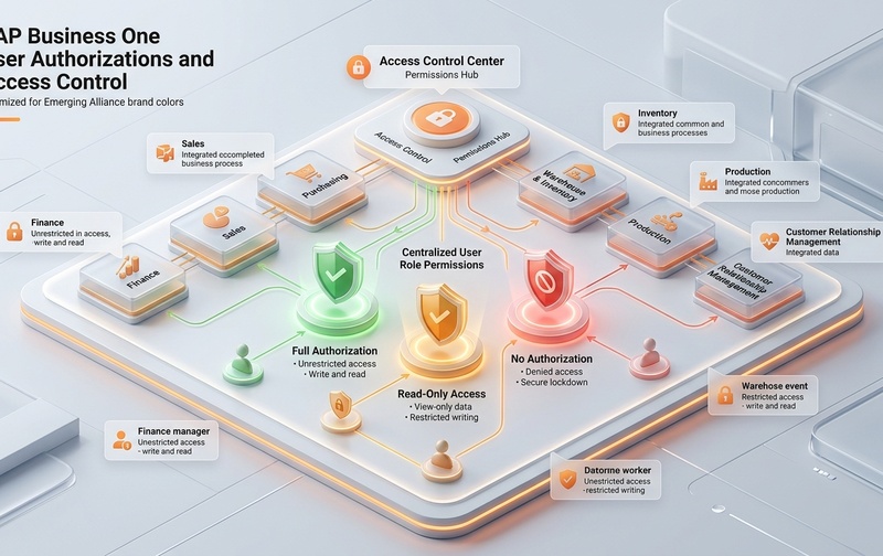 SAP Business One User Authorizations and Access Control architecture connecting finance, sales, purchasing, inventory, and production with role-based permissions.