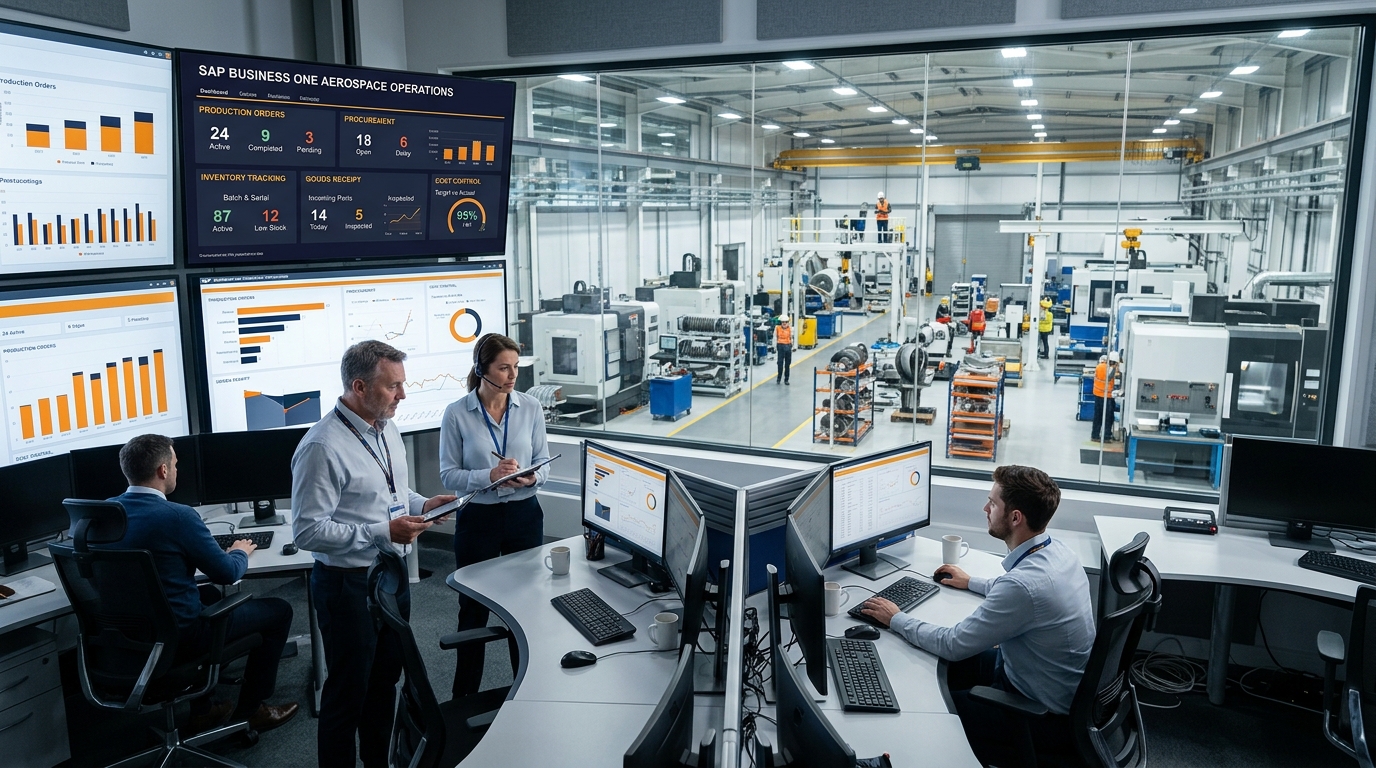 Aerospace and defense operations team reviewing connected procurement, inventory tracking, production orders, and financial data in SAP Business One.