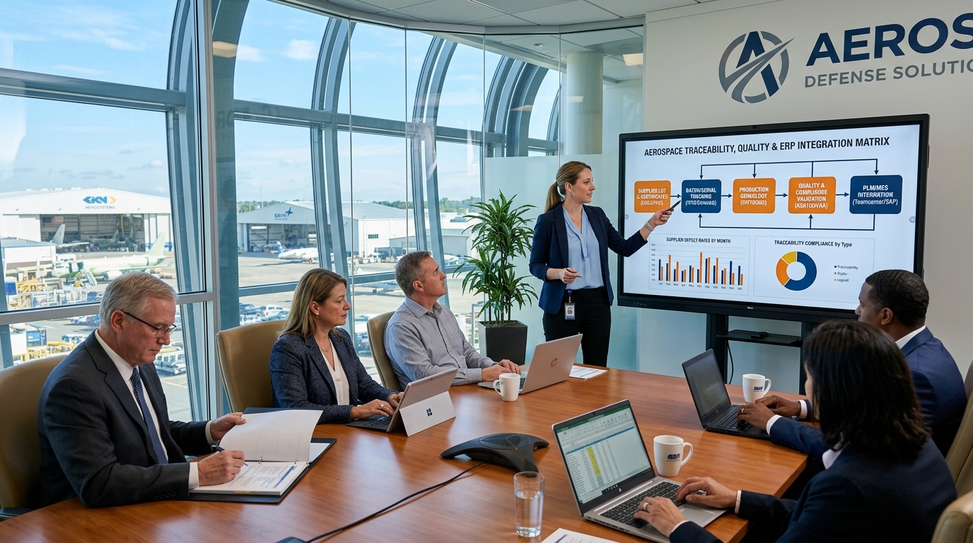 Aerospace and defense executives reviewing ERP traceability genealogy, quality compliance matrix, and PLM/MES integration scope for SAP Business One.