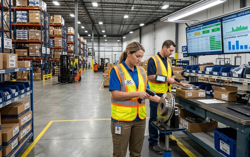 Automotive warehouse team utilizing barcode scanning and real-time inventory management to verify parts availability and traceability in SAP Business One.