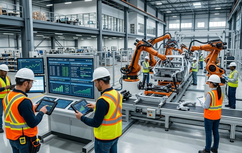 Automotive manufacturing engineers reviewing digital production schedules, BOM material requirements, and component assembly workflows in SAP Business One.