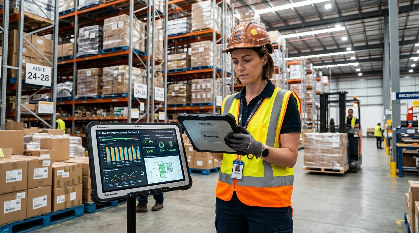 Warehouse operations manager reviewing inventory accuracy analytics and stock reconciliation reports on a tablet with barcode scanned stock in the background.
