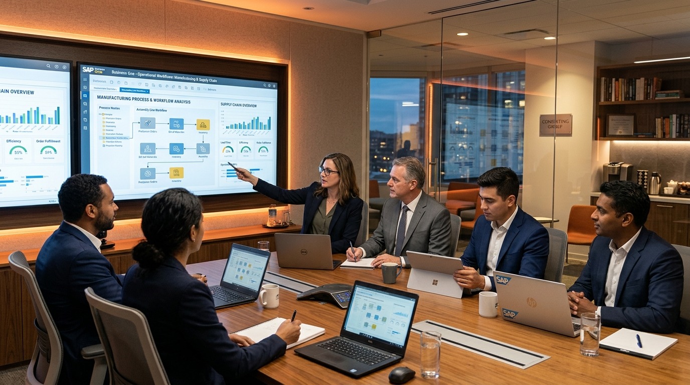 Enterprise team and ERP implementation consultants evaluating specialized manufacturing and supply chain processes in SAP Business One.
