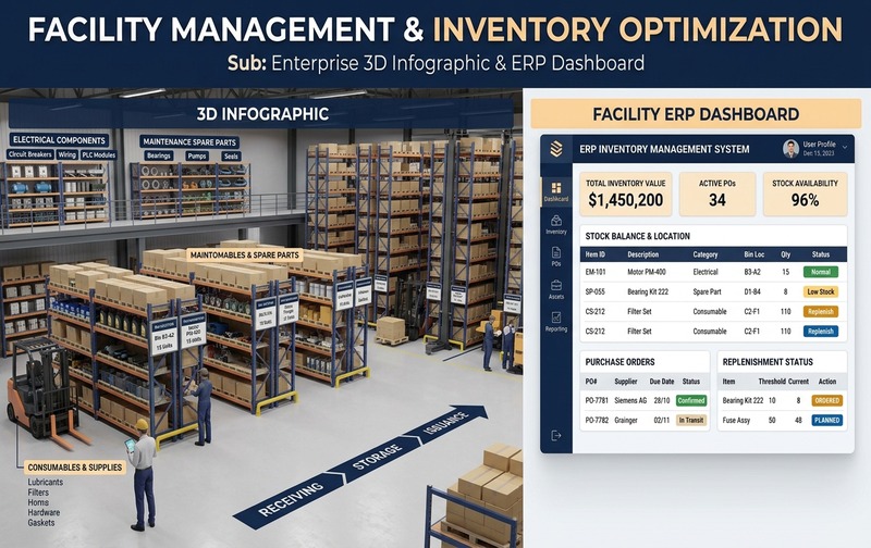 Facility management spare parts and maintenance materials inventory tracking in SAP Business One with stock balances and replenishment controls.