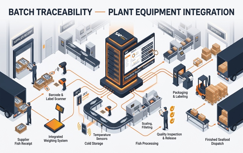 End-to-end fish processing batch traceability and plant equipment integration workflow connecting weighing systems, barcode scanners, cold-storage temperature sensors, and quality records with SAP Business One.
