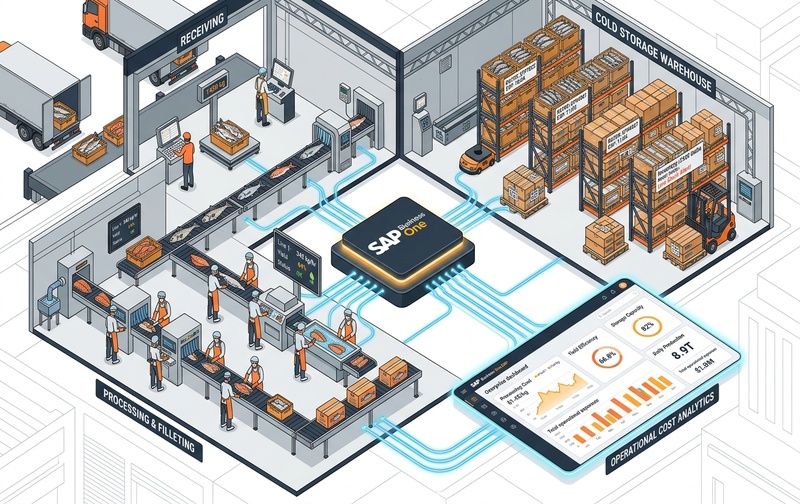 Seafood and fish processing facility connected with SAP Business One ERP tracking raw fish receiving weights, processing yields, cold-storage perishable inventory batches, and production cost variances.