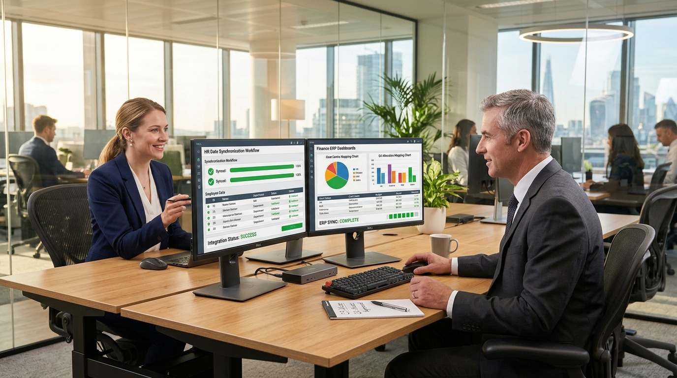 HR and finance professionals reviewing controlled employee data flow, cost-centre mapping, and payroll reconciliation in SAP Business One ERP.