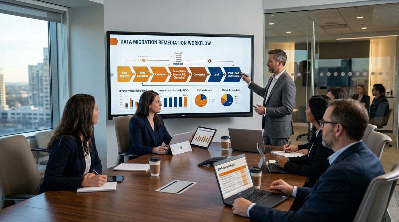 Pharmaceutical ERP project team implementing structured data reconciliation, cleansing, validation, and migration error remediation workflows in SAP Business One.