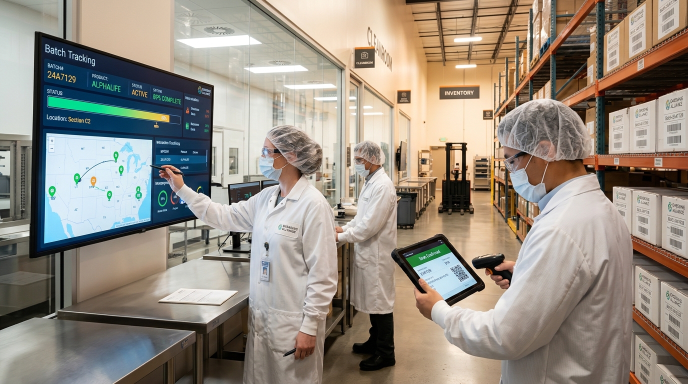 Pharmaceutical warehouse and quality control team tracking batch traceability, expiry dates, and real-time inventory integration in SAP Business One.