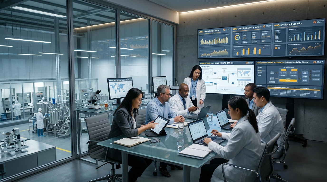 Connected pharmaceutical enterprise architecture showing SAP Business One integrating with laboratory LIMS, quality QMS, and warehouse WMS systems.