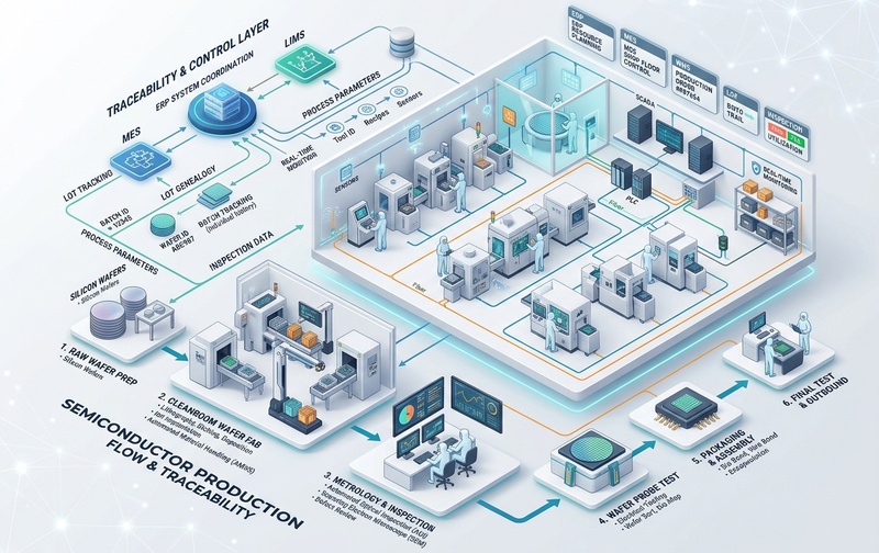 Semiconductor manufacturing production control, cleanroom wafer fabrication, lot genealogy tracking, and ERP integration in SAP Business One.