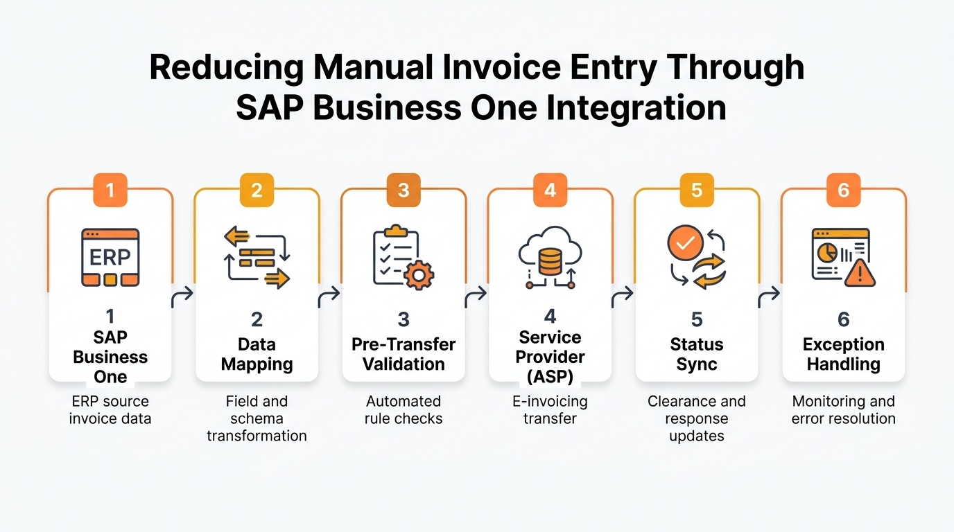 Reducing Manual Invoice Entry Through SAP Business One Integration: 6-step automated pipeline illustrating ERP source data, data mapping, pre-transfer validation, ASP service provider, status sync, and exception handling.